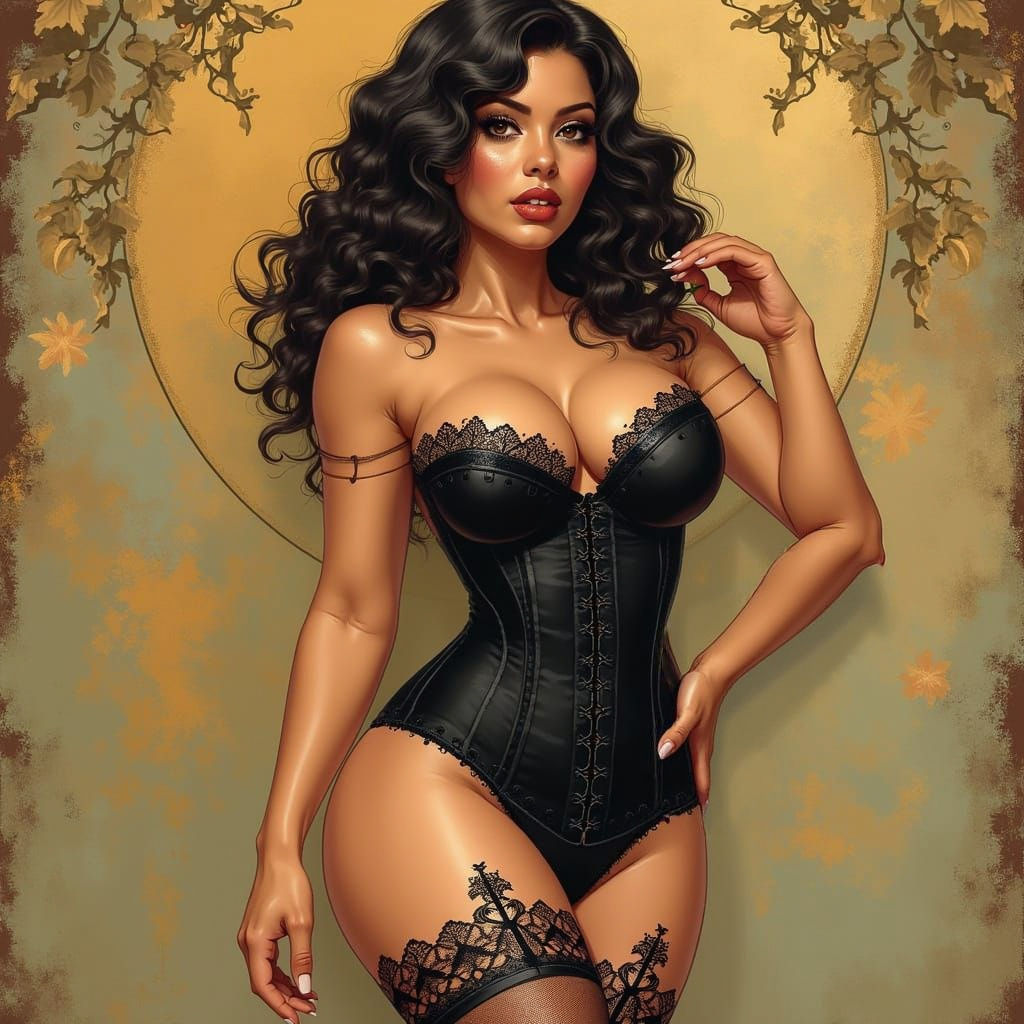 Curvy Latina in Lace Stockings and Black Corset