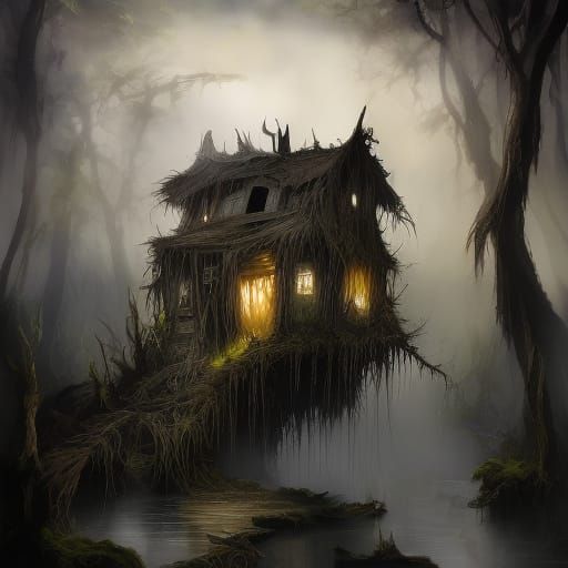 Misty Swamp Hut with Ethereal Ghosts