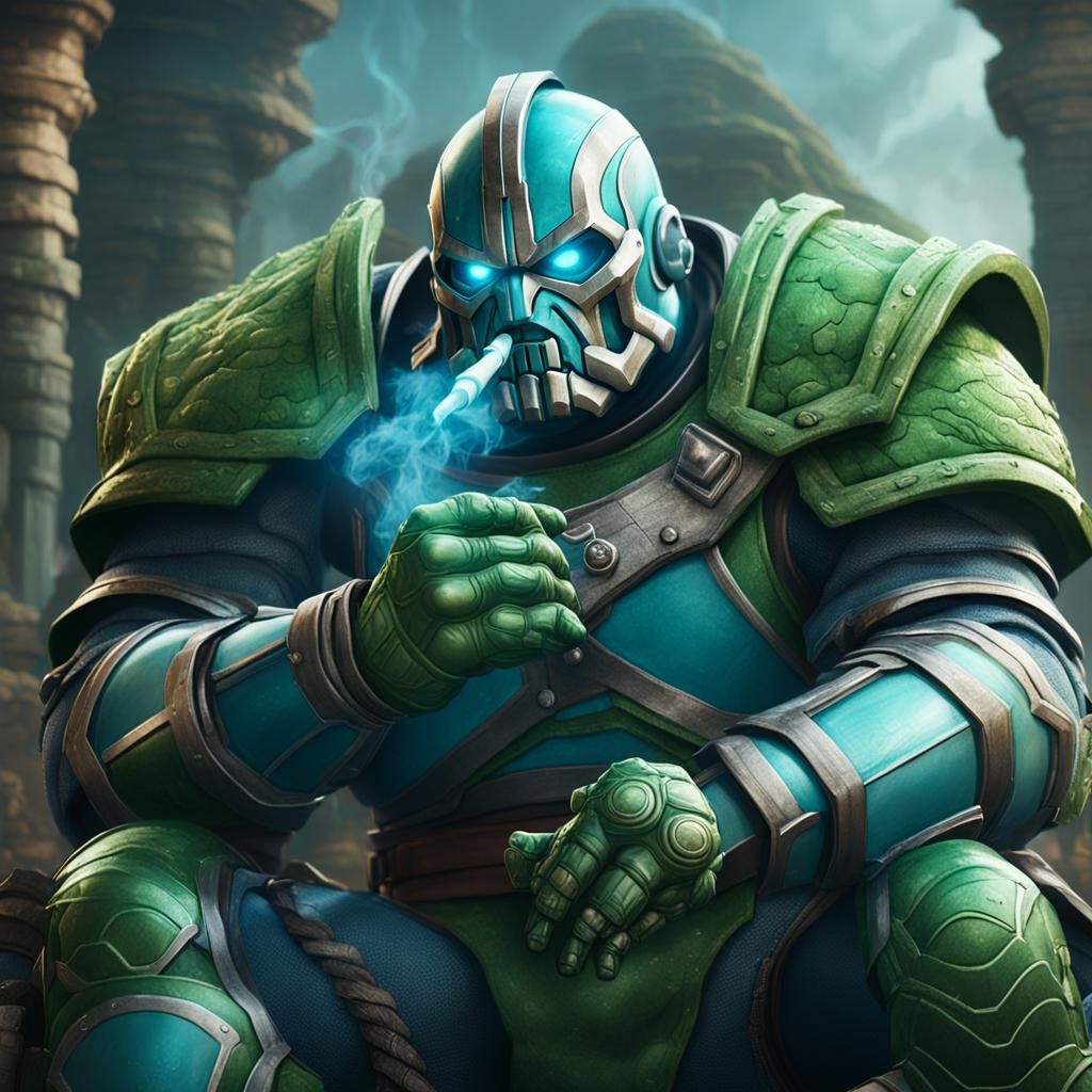Armored Juggernaut Smoking: Detailed Digital Art