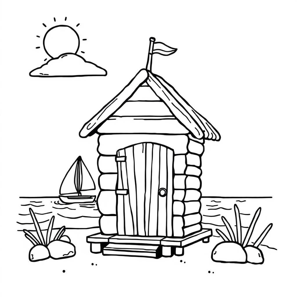 Wonky Beach Hut Coloring Page in Whimsical Lineart