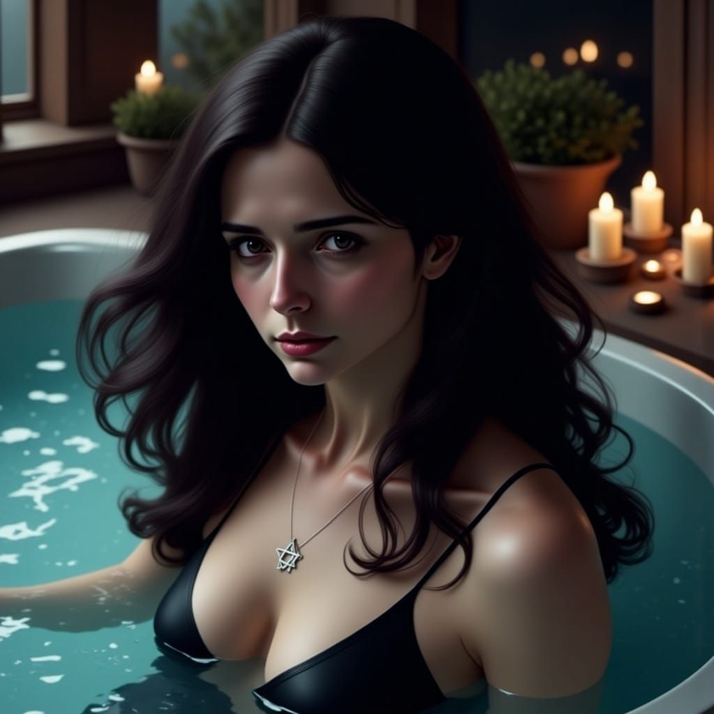 Beautiful Woman in Hot Tub at Night: Hyperrealistic