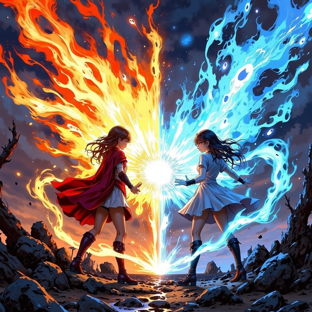 Anime Mages Duel With Elemental Energy on Floating Island