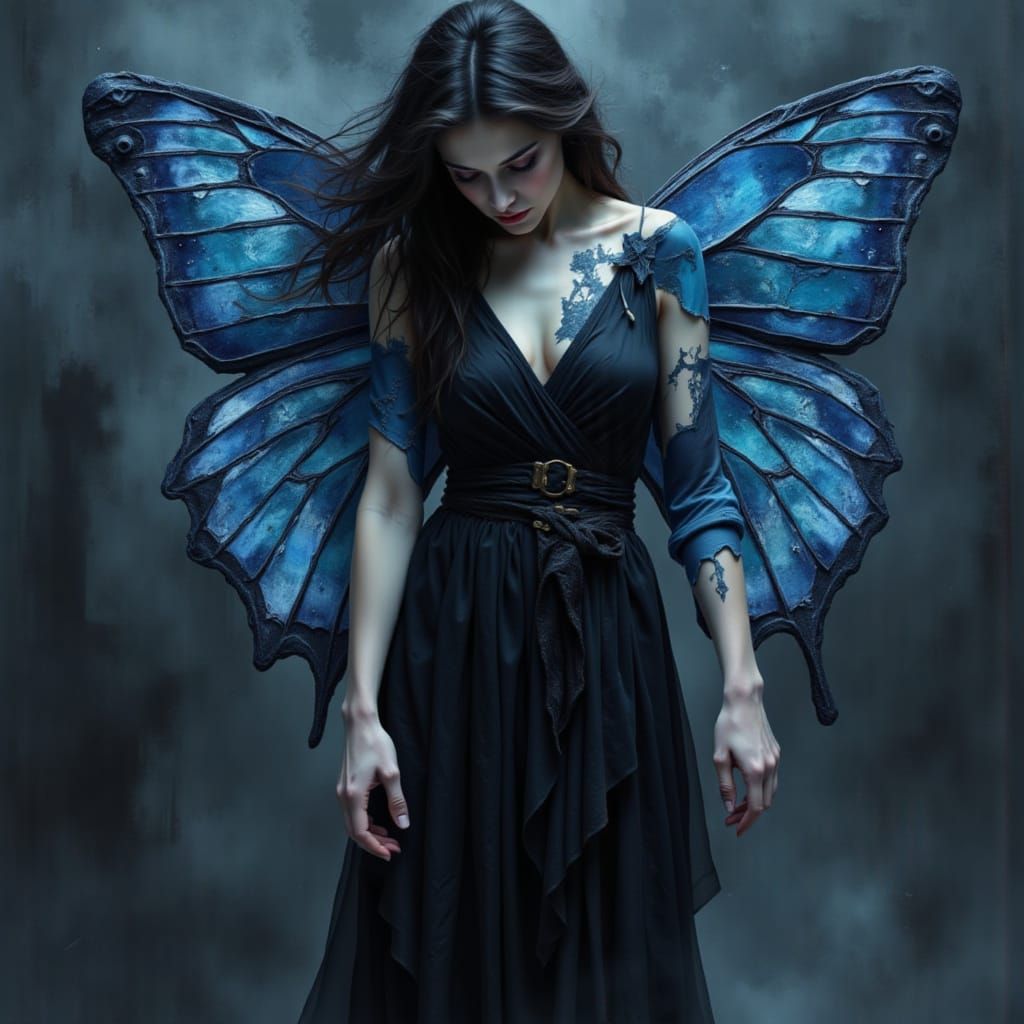 Sad Woman Made of Abstract Shapes in Deep Blue and Greys