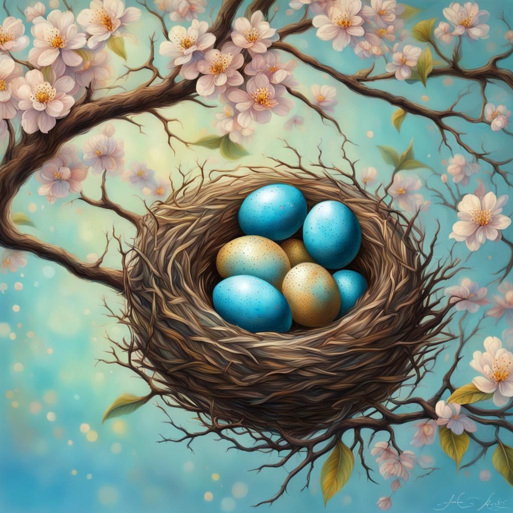 Hyperrealistic Robin Eggs in Nest with Flowers