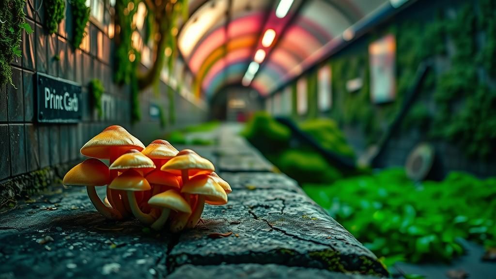 Bioluminescent Mushrooms in Abandoned Underground Station