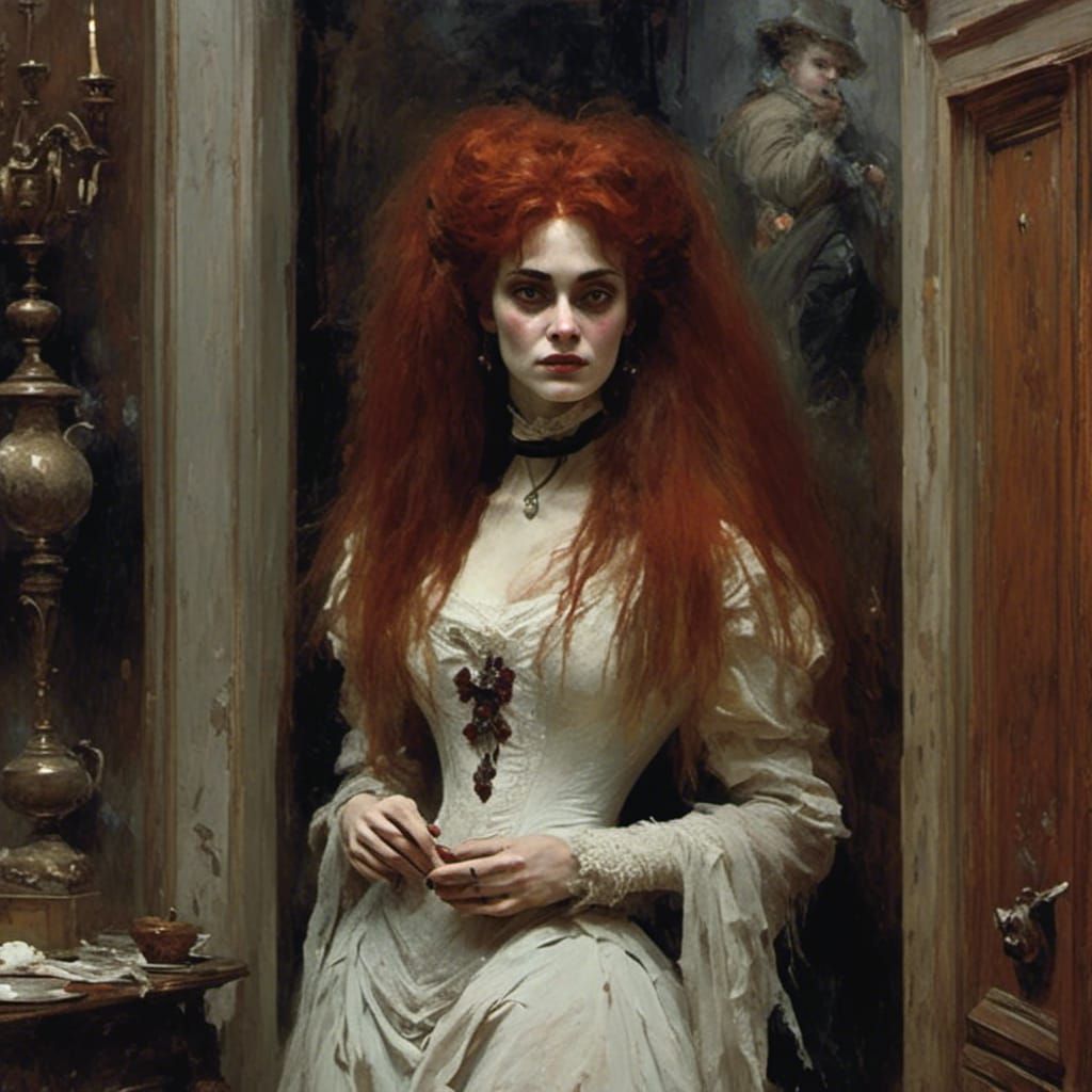 Redheaded Vampire Witch at Victorian Mansion Party
