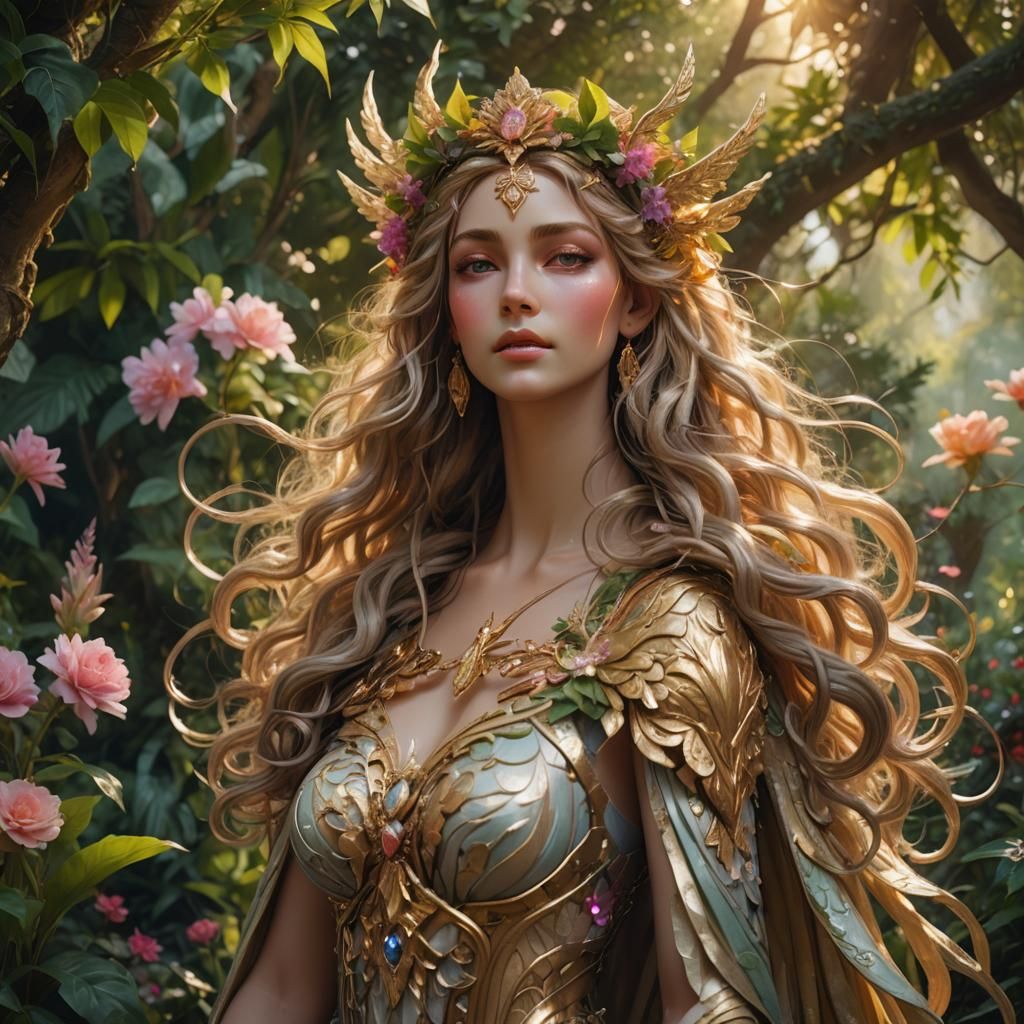 Goddess of Love in Lush Garden, Detailed Concept Art