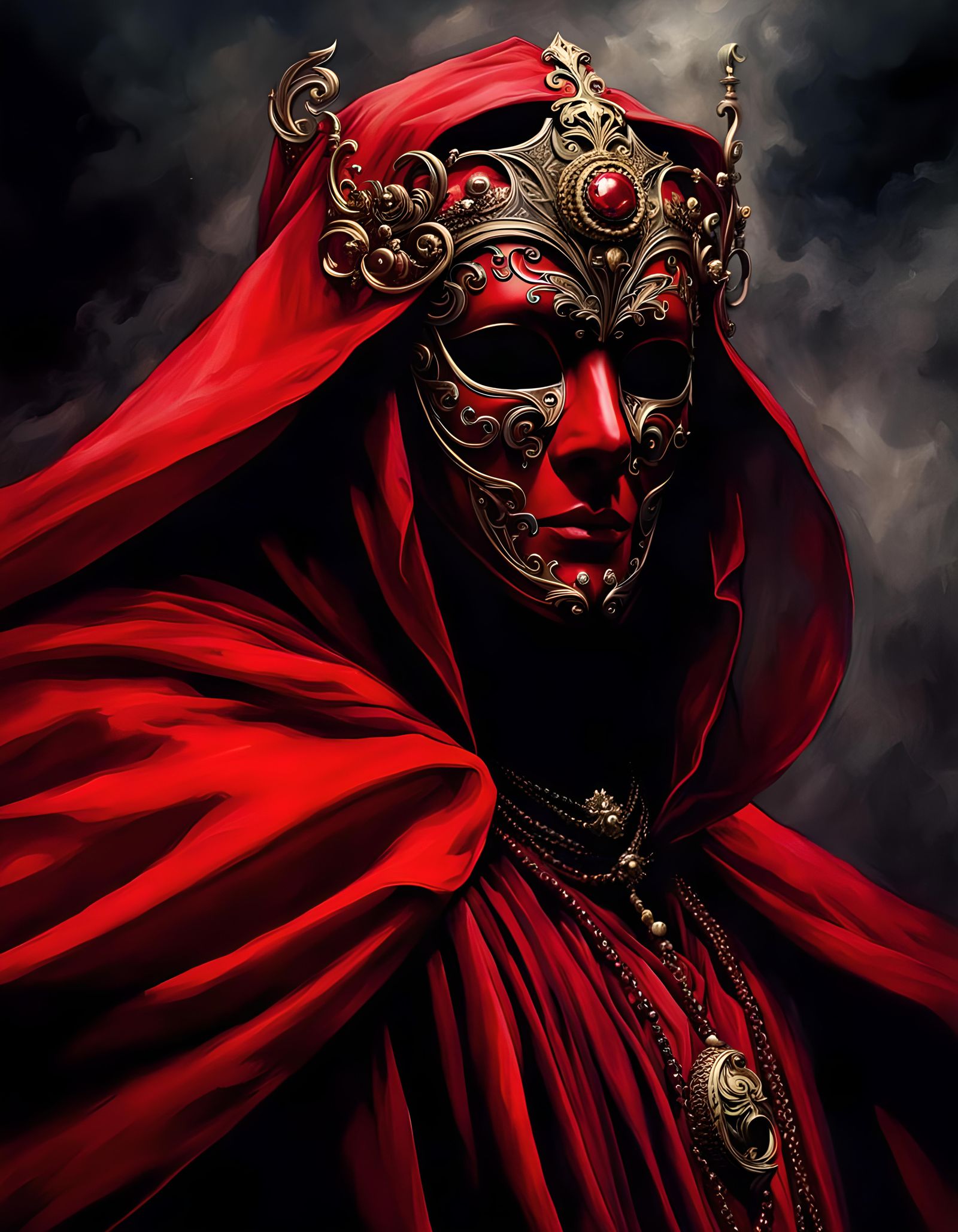 Necromancer's Red Masquerade Dance in Dark Fantasy Art