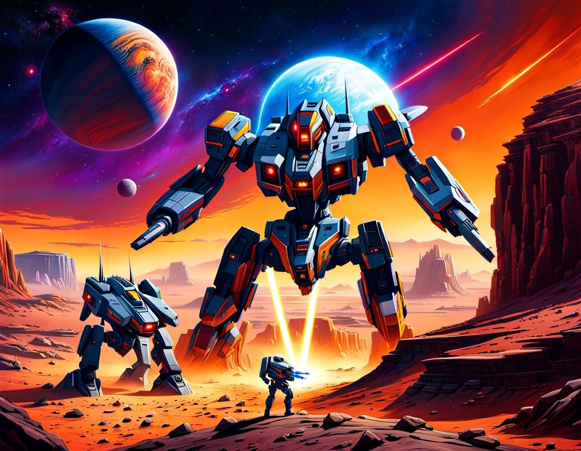 Mecha Duel on Alien Planet in Science Fiction Style