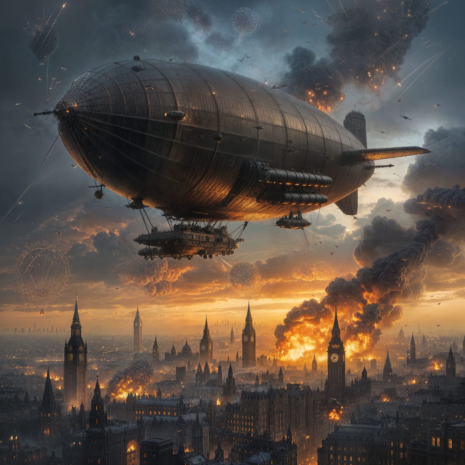 WW1 Zeppelin Bombing London in Hyperrealistic Dark Fantasy