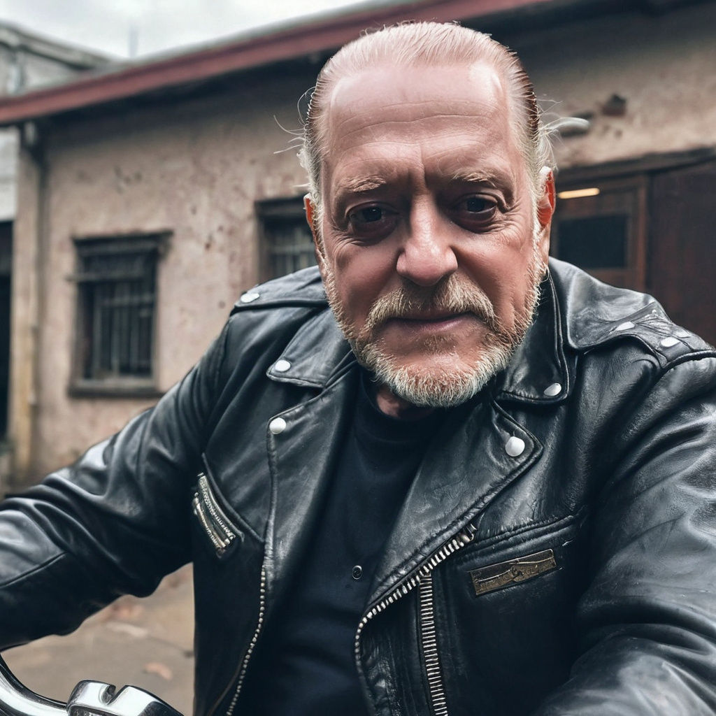 portrait of <Subject> as a biker in a bikie gang. Leather jacket, handlebar moustache. Cinematic film still, shot on v-r...