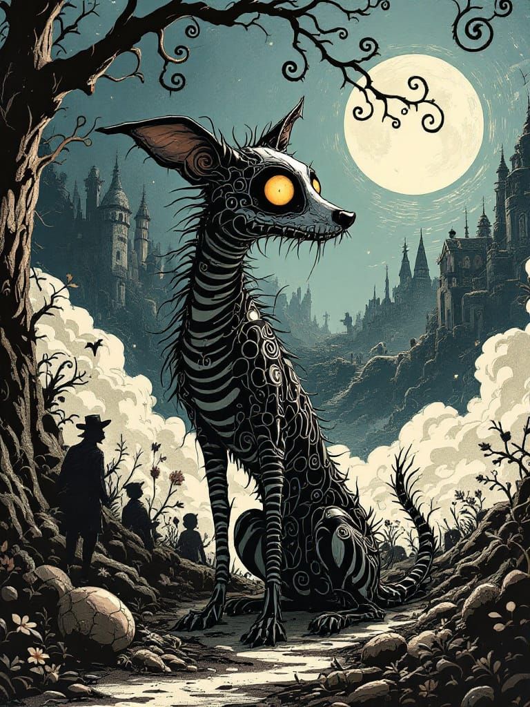 Gothic Carnival Creature Under Moonlit Spiral Branches