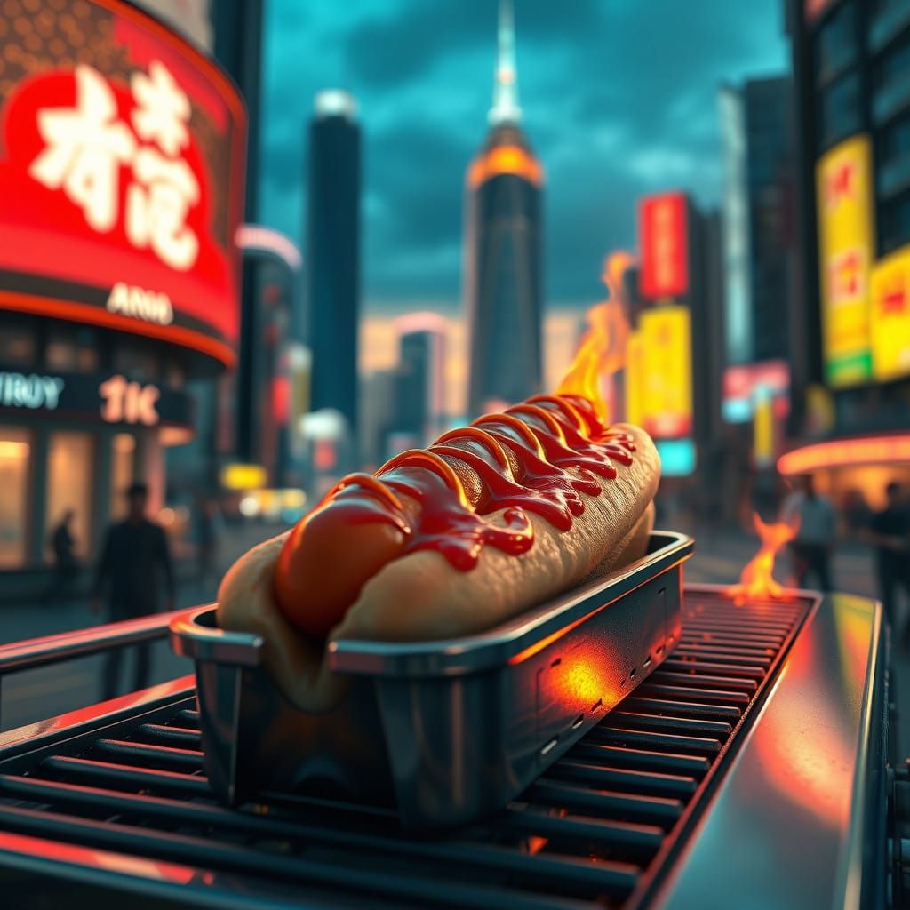 Hyper-Realistic Hot Dog in Neon Cityscape