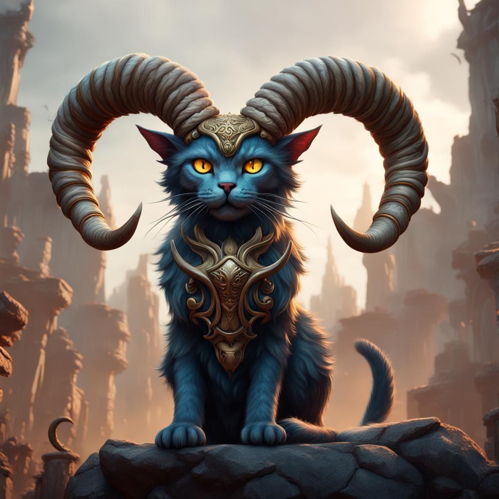 Ram-Horned Cat: Detailed Fantasy Concept Art