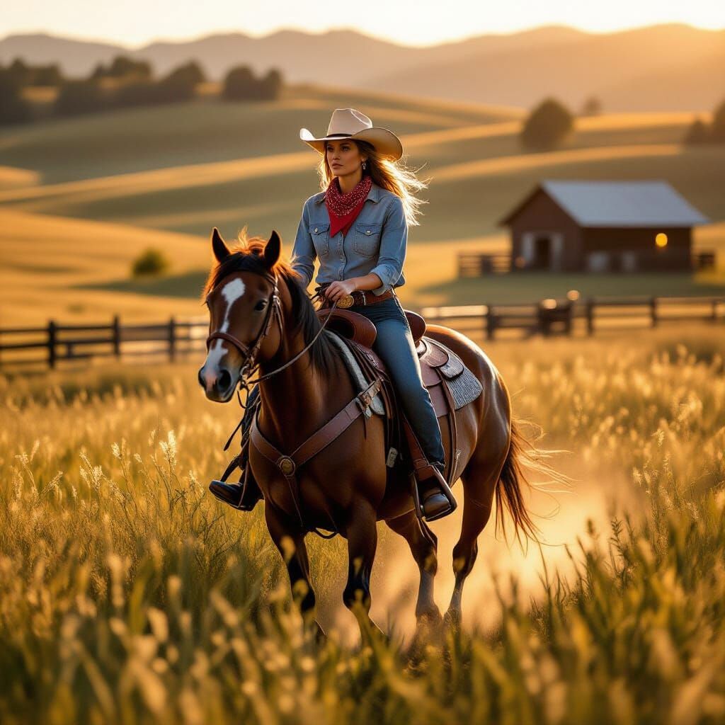 Cowgirl Riding Through Sunlit Field at Golden Hour