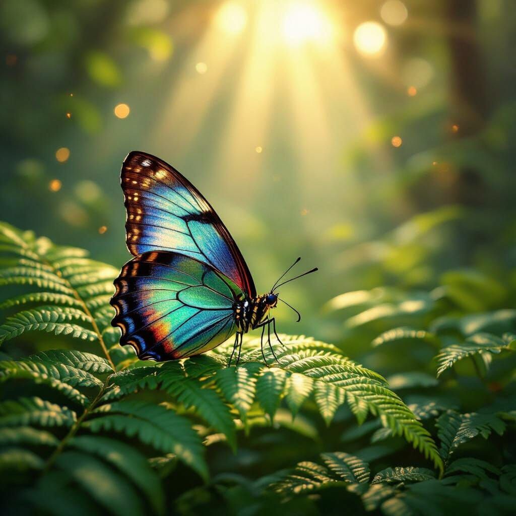 Vibrant Butterfly on Fern in Sun-Dappled Forest