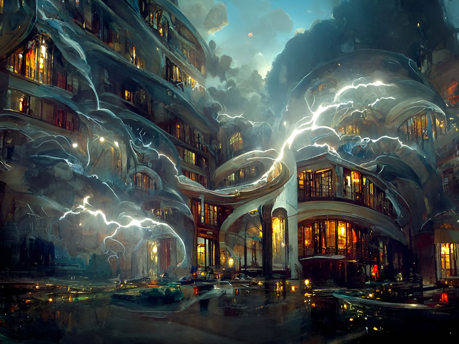 Quantum Art Nouveau Apartment Complex in Apocalyptic Storm