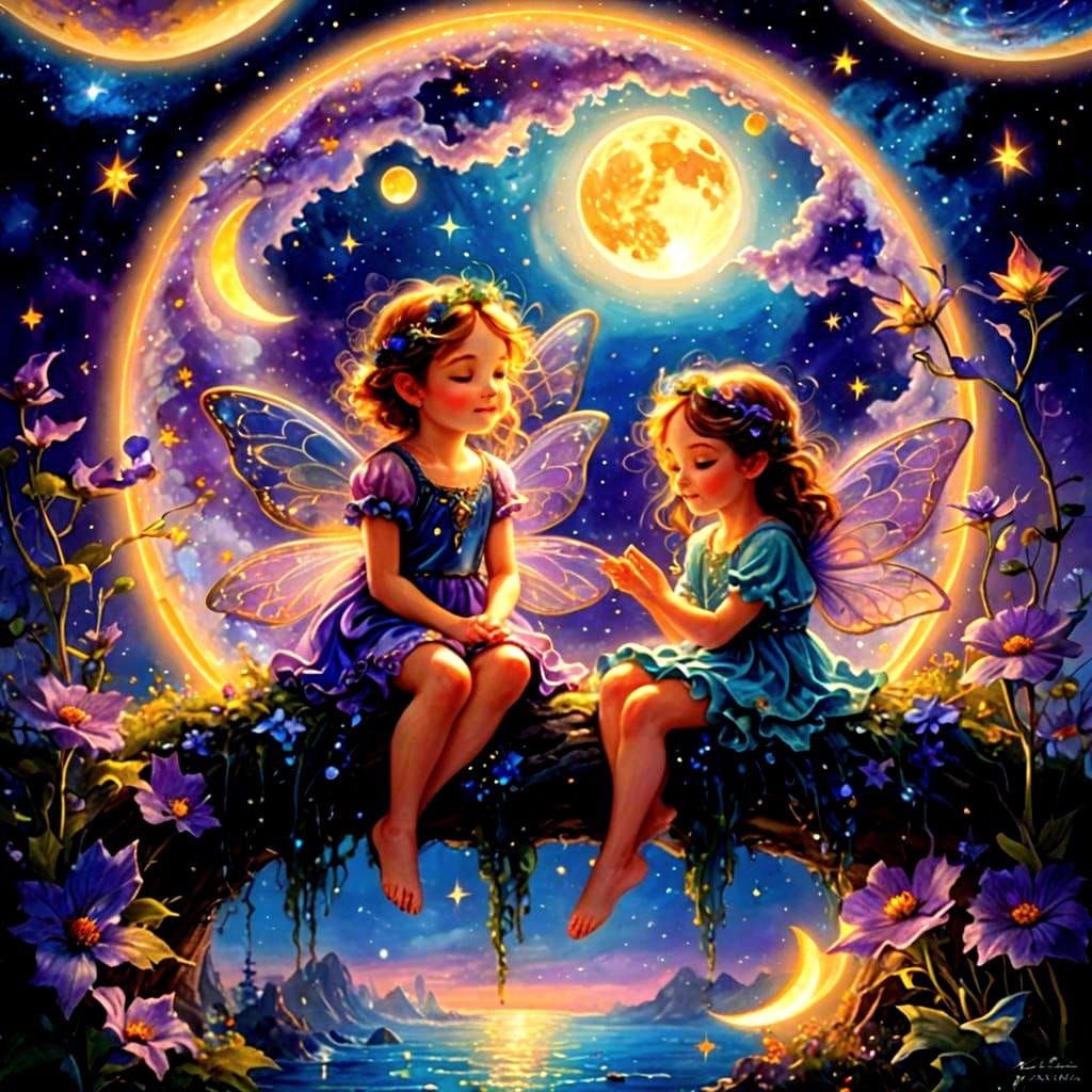 Fairies Sleeping on Bioluminescent Moon in Galaxy