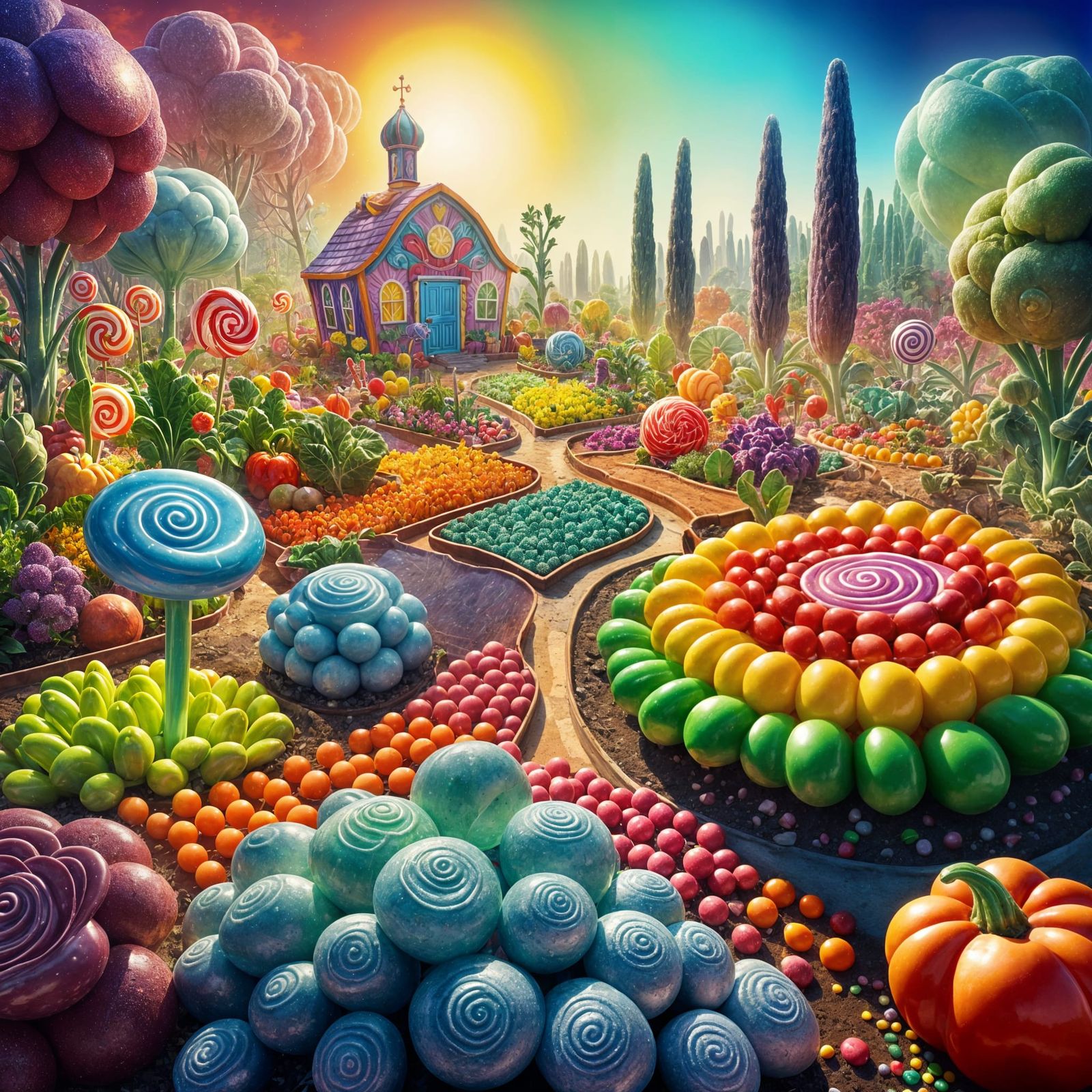 Candy Vegetables in a Surreal Candyland Garden