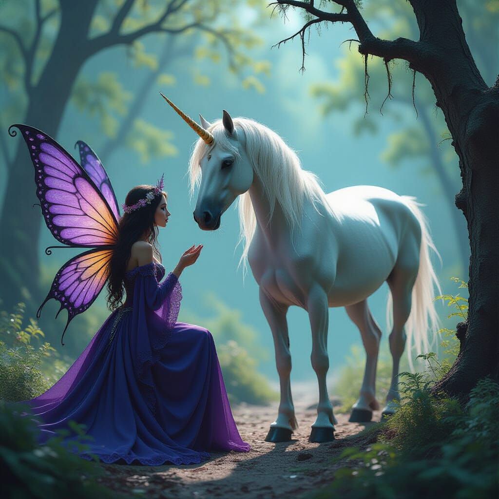 Gothic Fairy and Silver Unicorn in Alcohol Ink Style