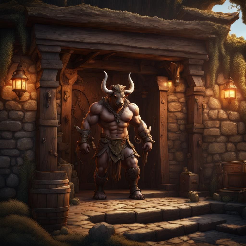 Minotaur Bouncer Guarding Tavern Entrance, Detailed Matte Pa...