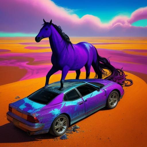 Horses Over Crashed Car in Surrealist Desert Art