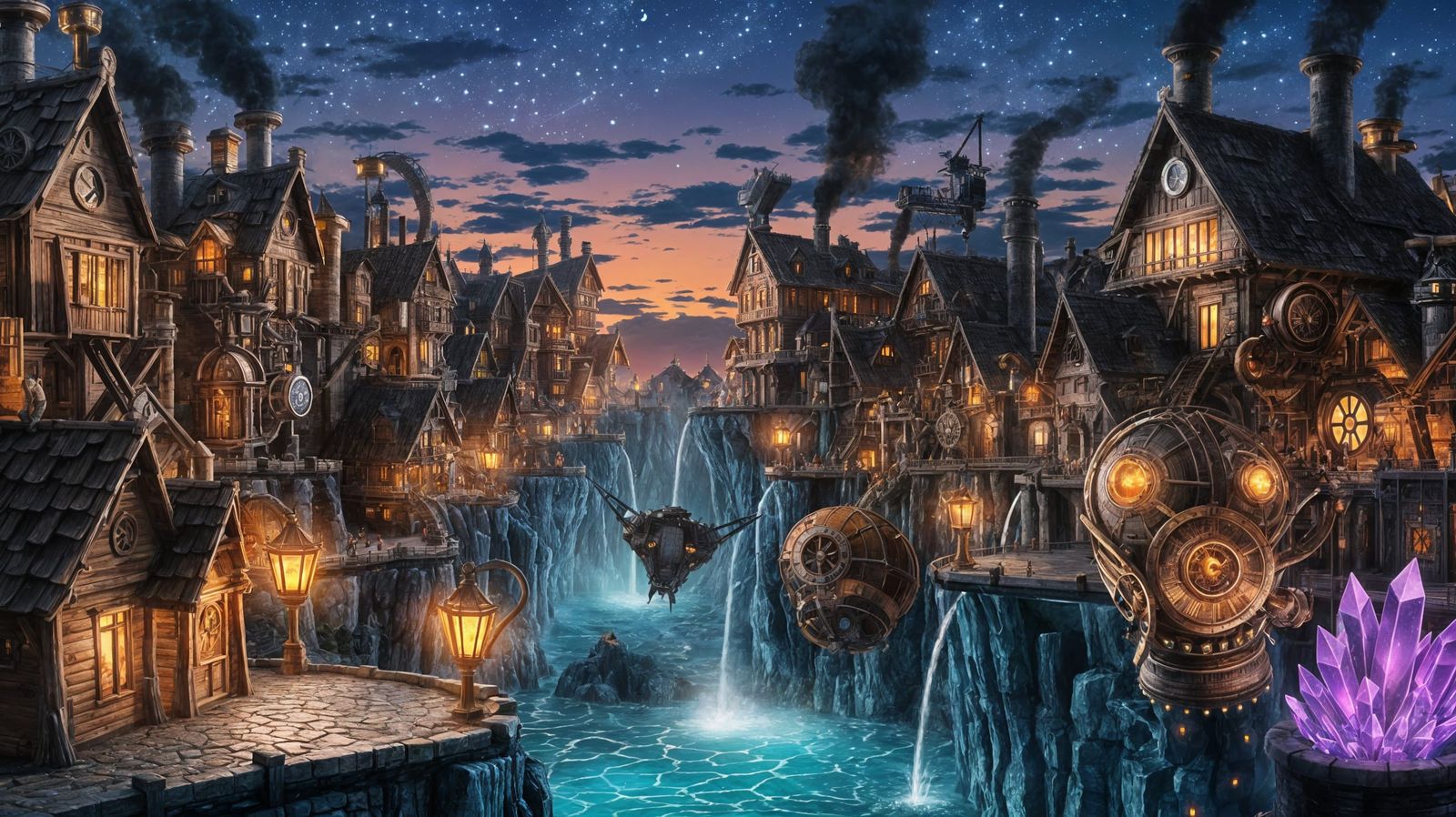 Steampunk Village on Jagged Cliffs at Twilight