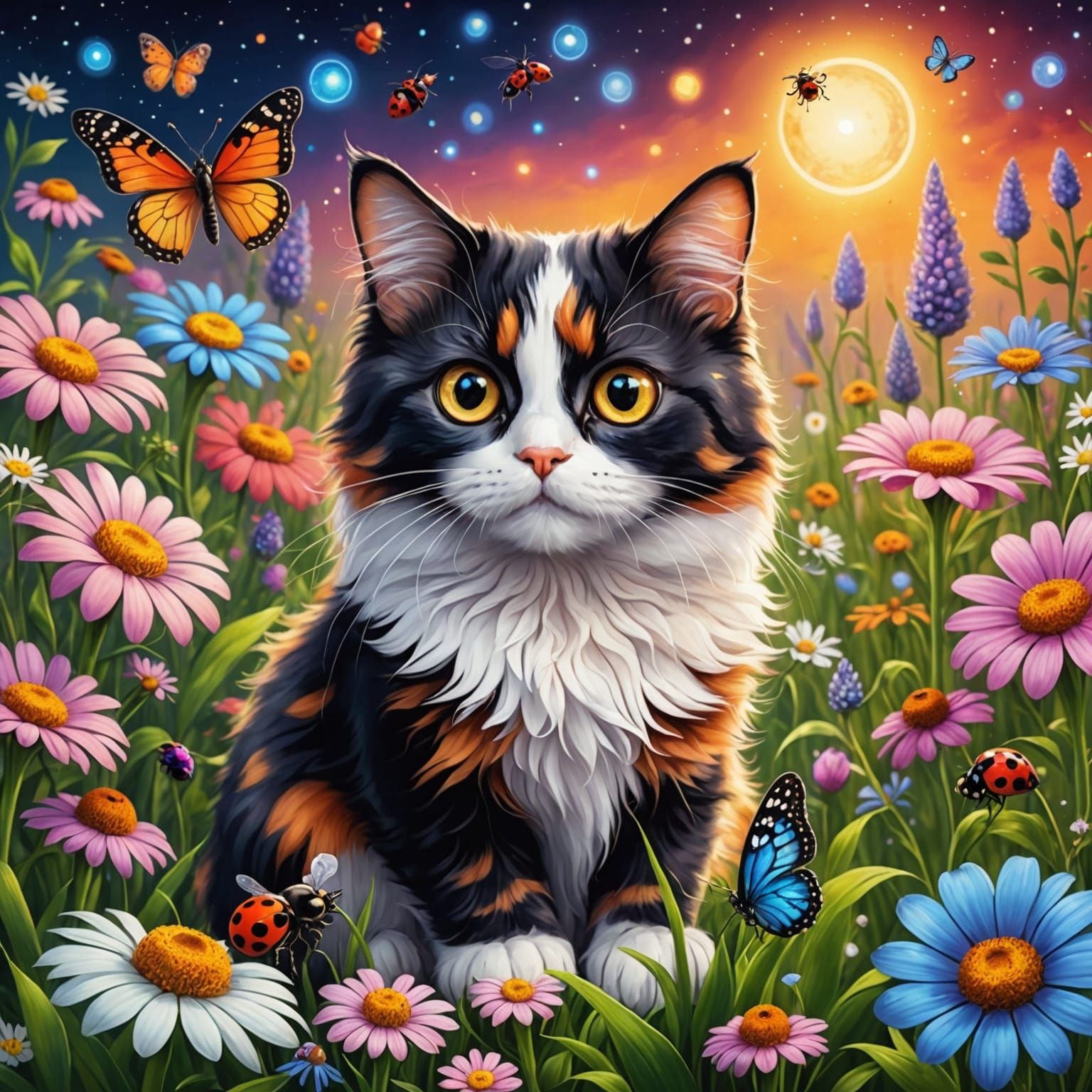 Calico Cat Gazing at Ladybugs: Holographic Illustration