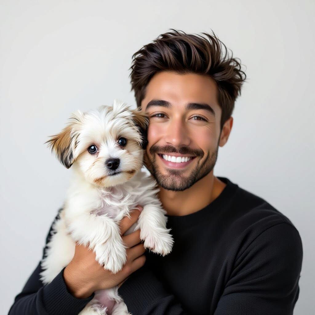 Close-up portrait. A handsome man with an adorable Maltese p...