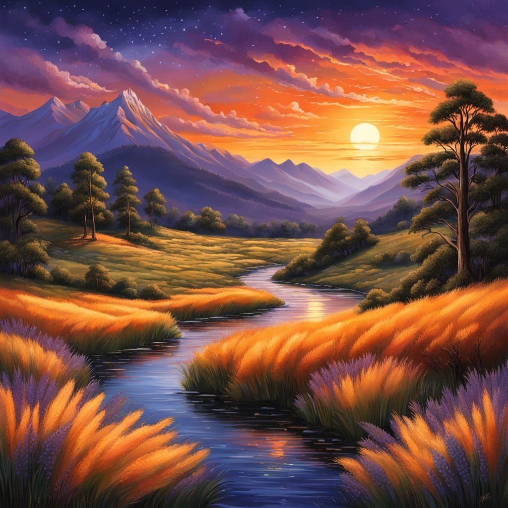 fiery sunsets glow over hills and mountains with golden whea...