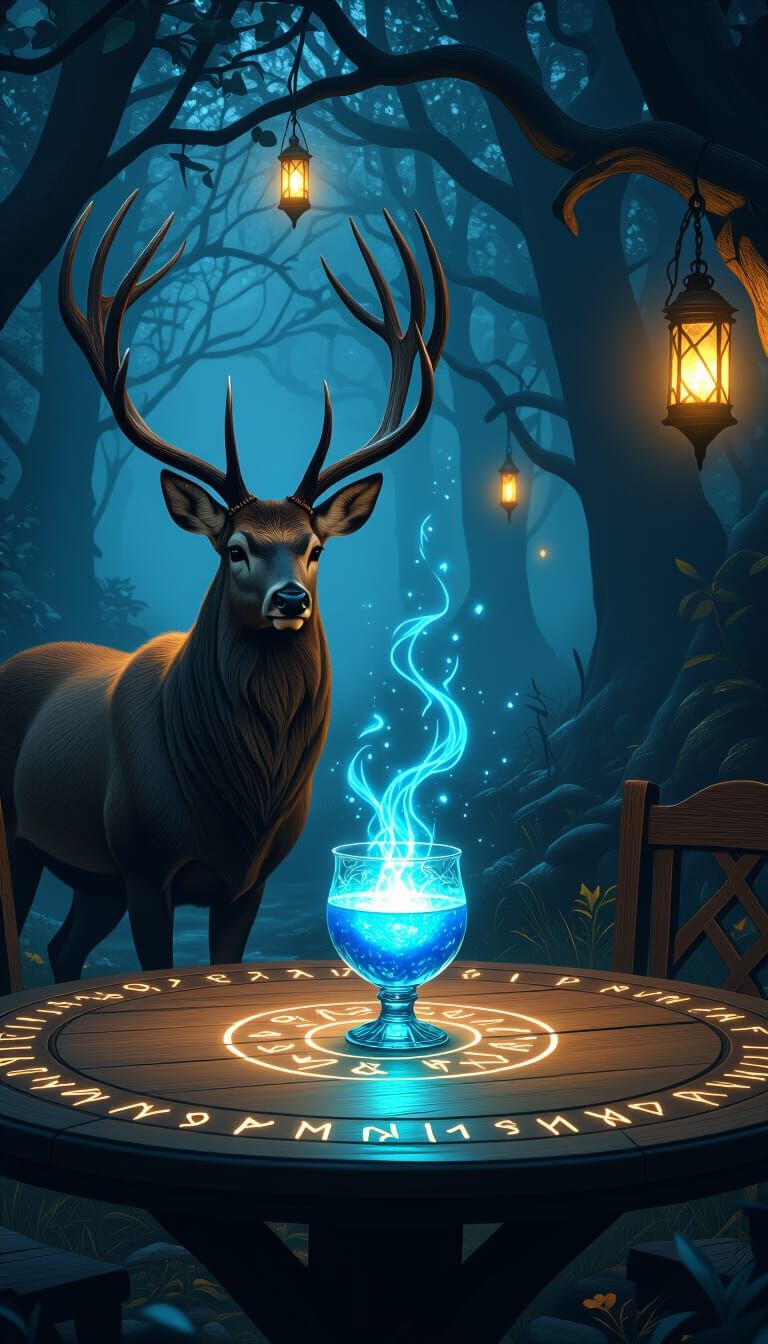 Majestic Deer in Enchanted Forest with Glowing Lanterns