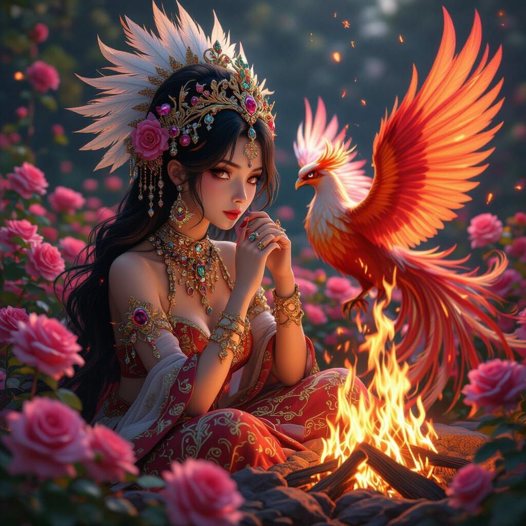 Phoenix Priestess Scrying in Rose Garden, Anime Style