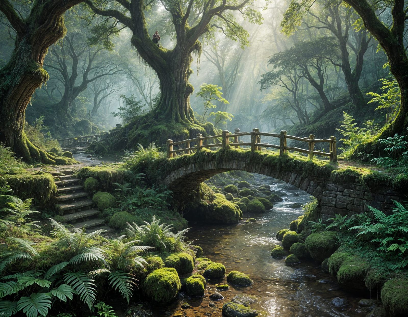 Moss-Covered Ancient Stone Bridge in a Secluded Forest