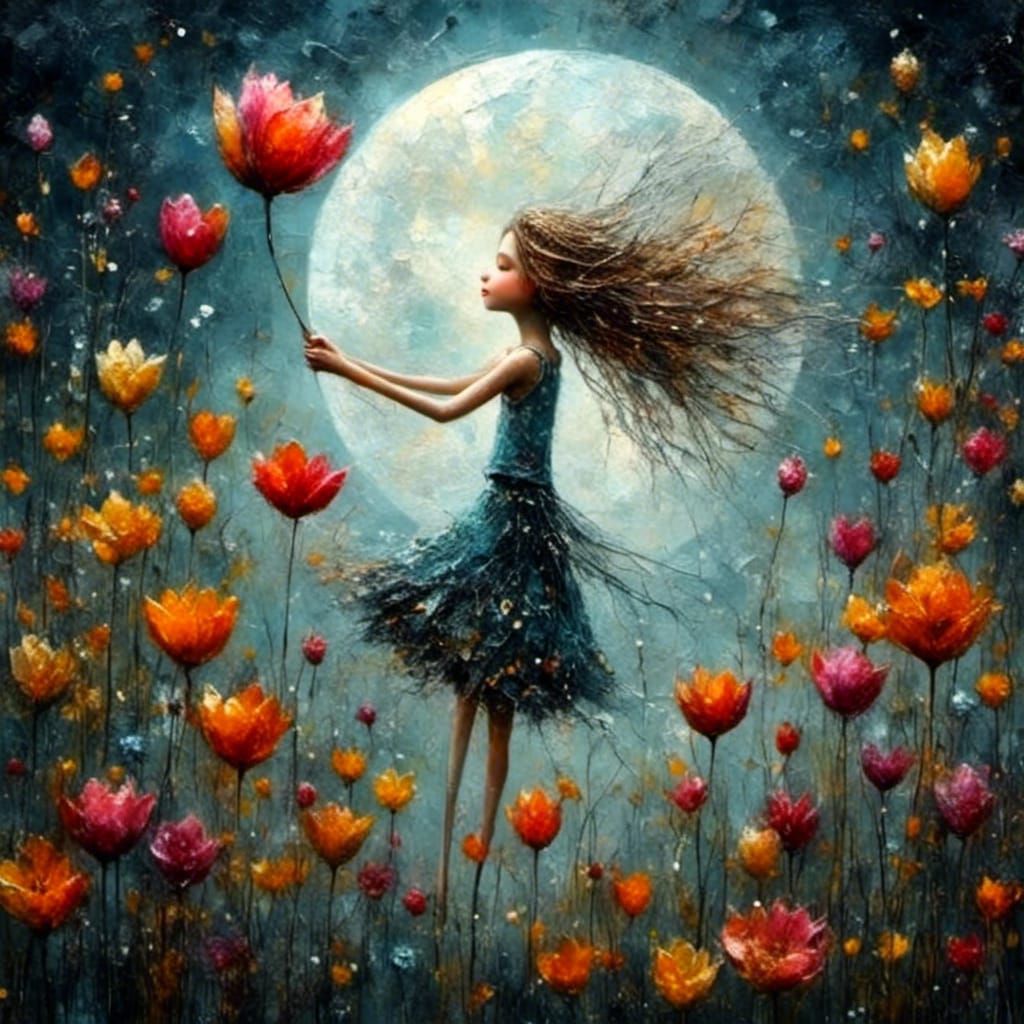 Girl Flying with Tulip in Whimsical Night Sky