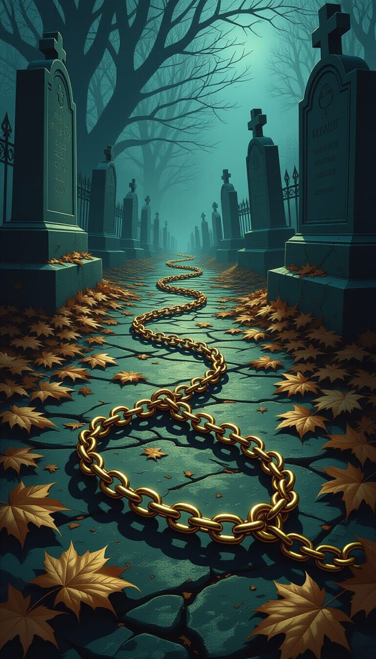 Broken Gold Chain in Eerie Cemetery Digital Painting