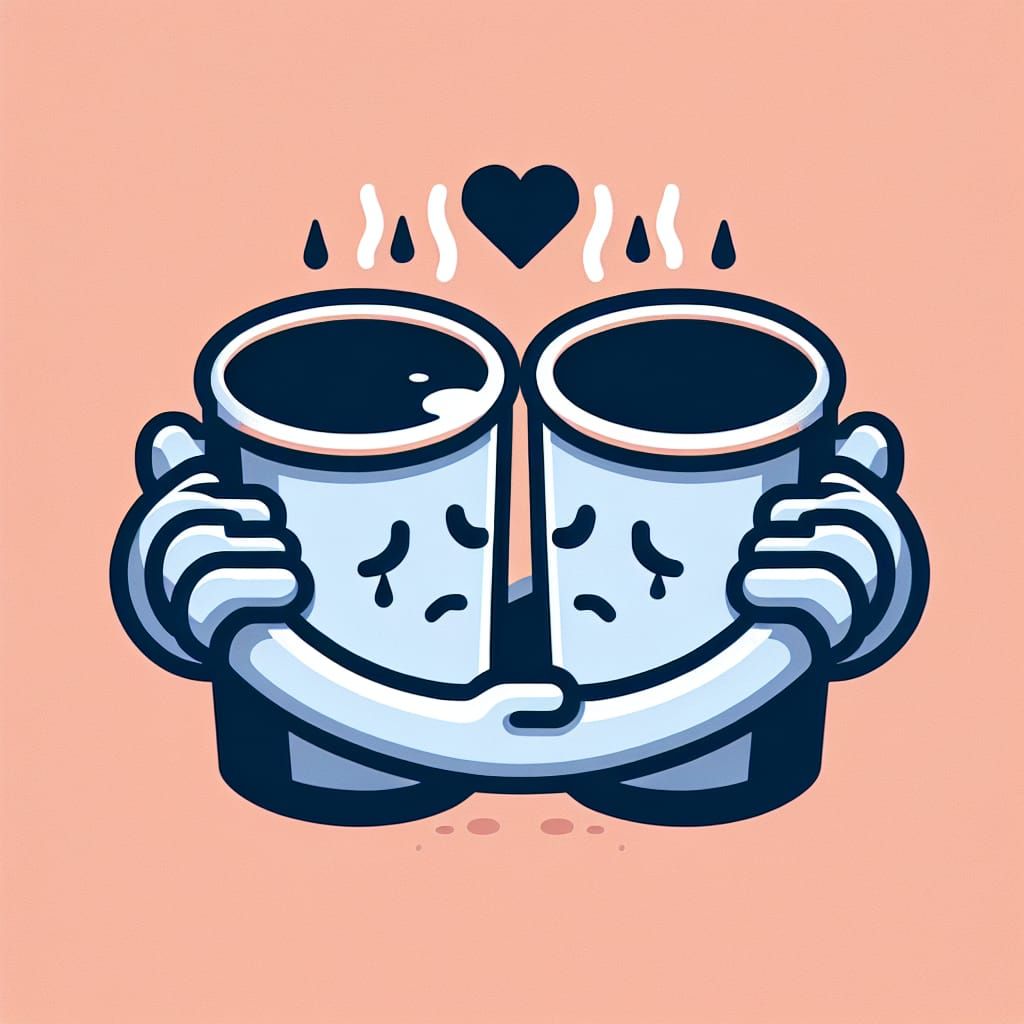 Melancholic Coffee Cups Embrace: Emoticon Art