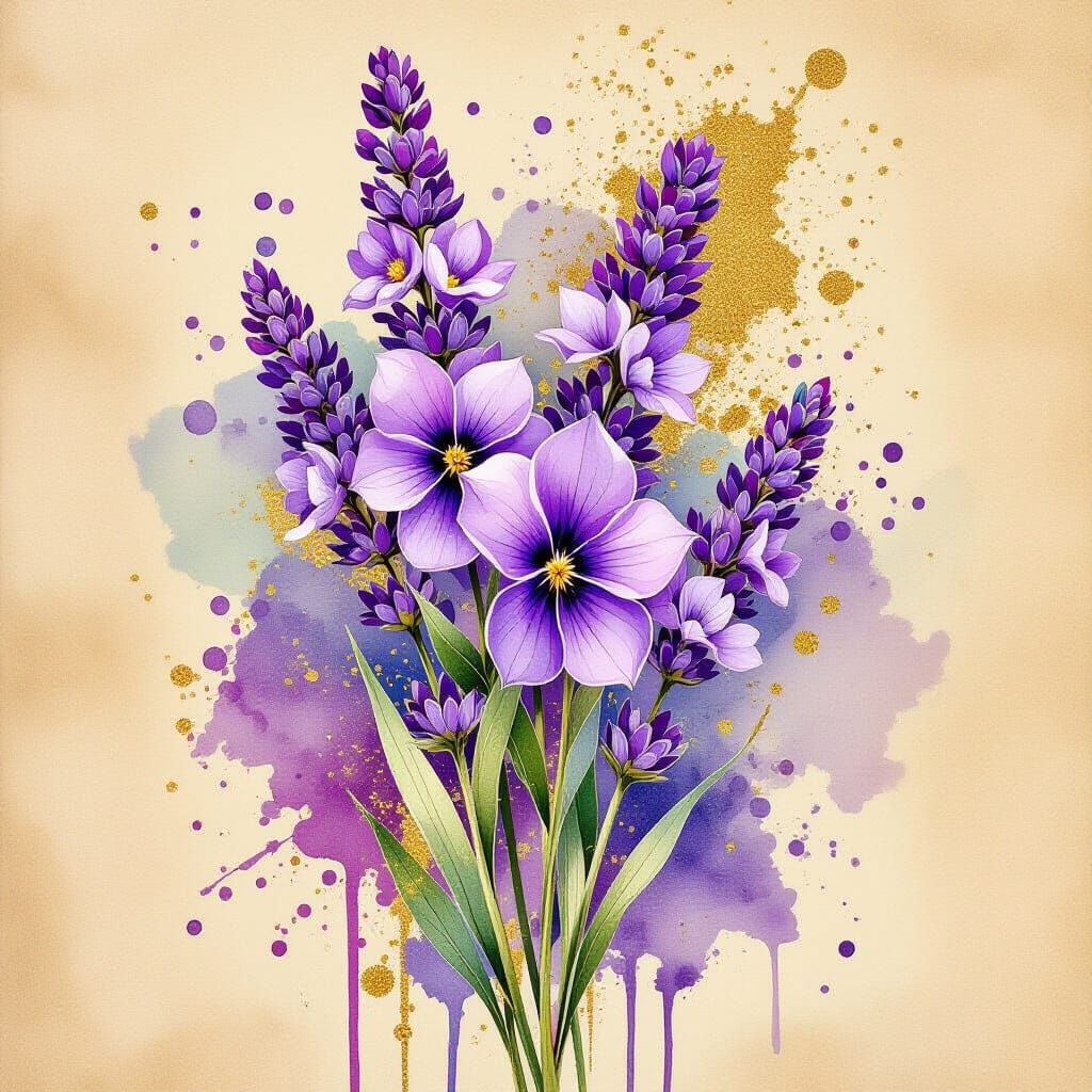 Whimsical Watercolor Lavender Poster Art with Gold Flash