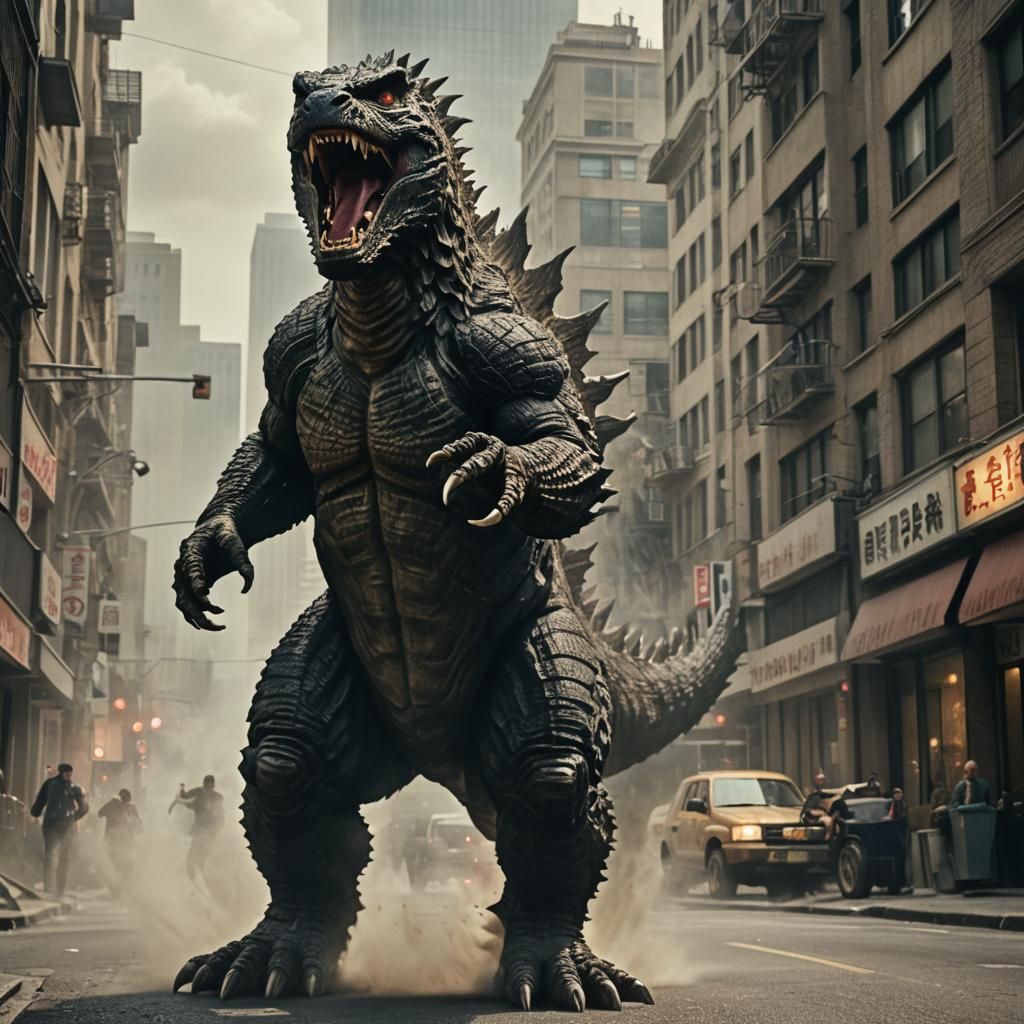 Godzilla Roars: Cinematic Film Still in City Street