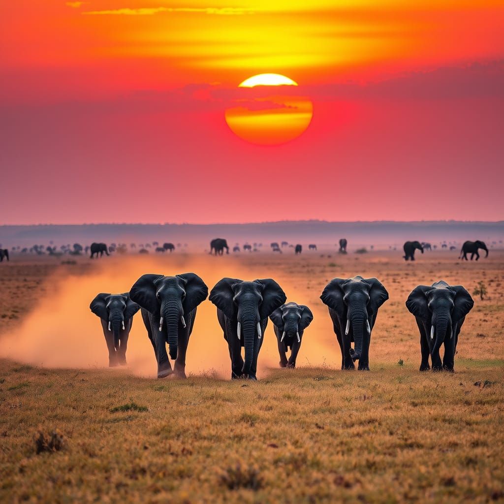 Elephants on Sun-Drenched Savannah at Sunset