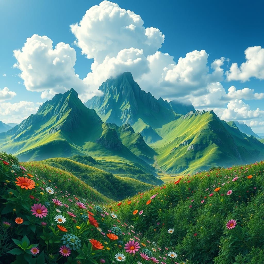 Lush Green Mountain Landscape in Vibrant Abstract Fractal St...