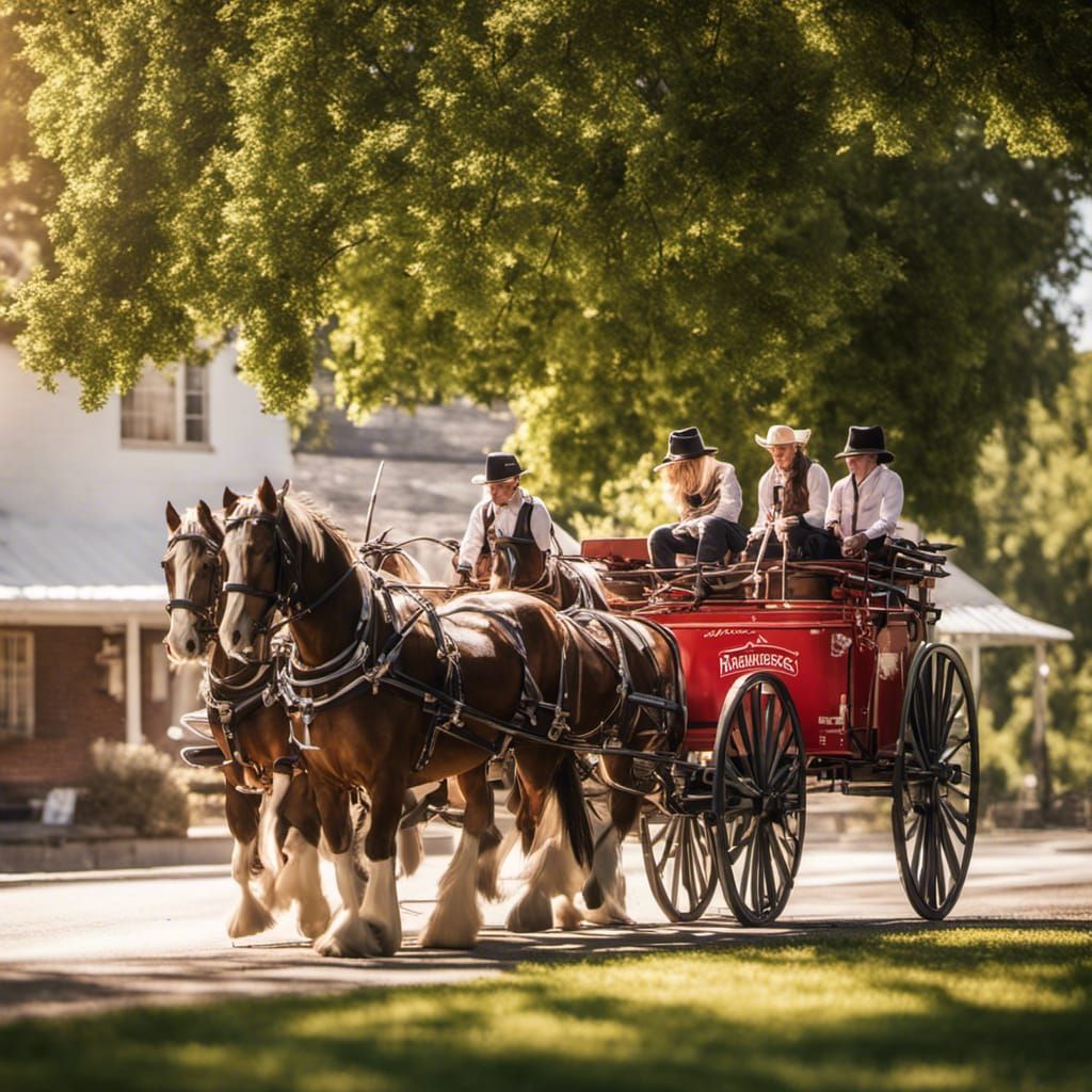 Budweiser horse drawn wagon,side view,sunny day,8 Clydesdale...