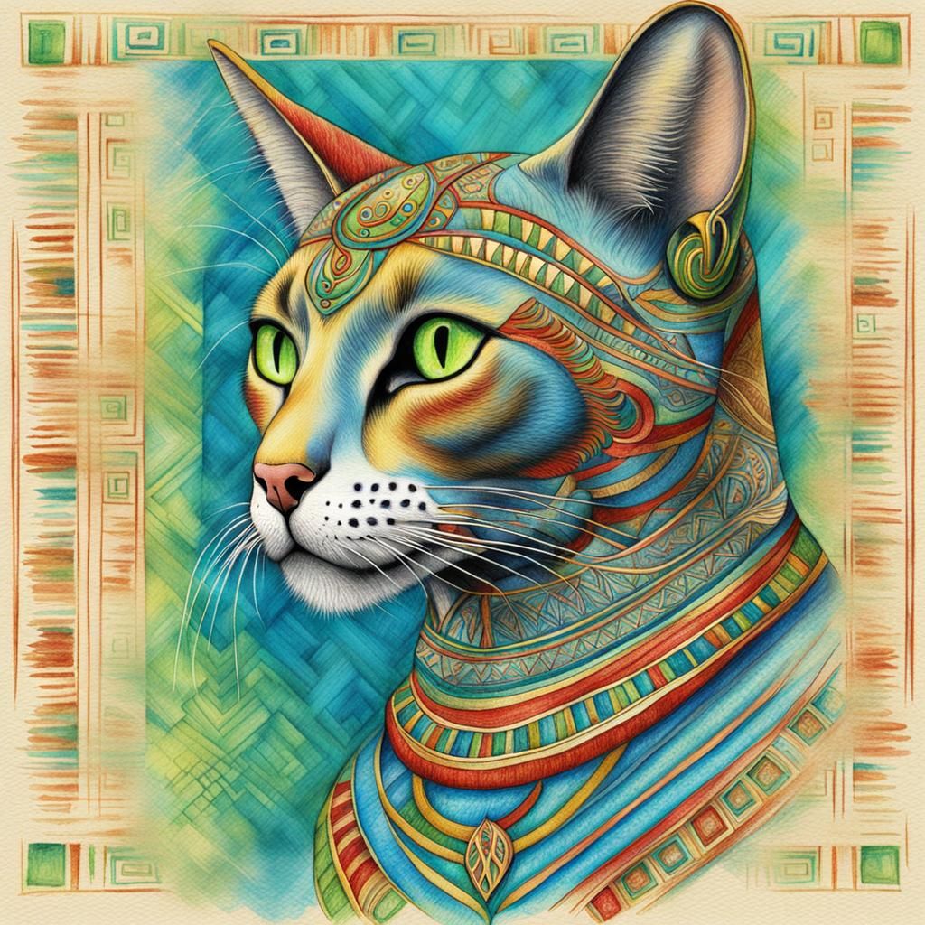 Egyptian Cat Pencil Sketch in Pastel Colors