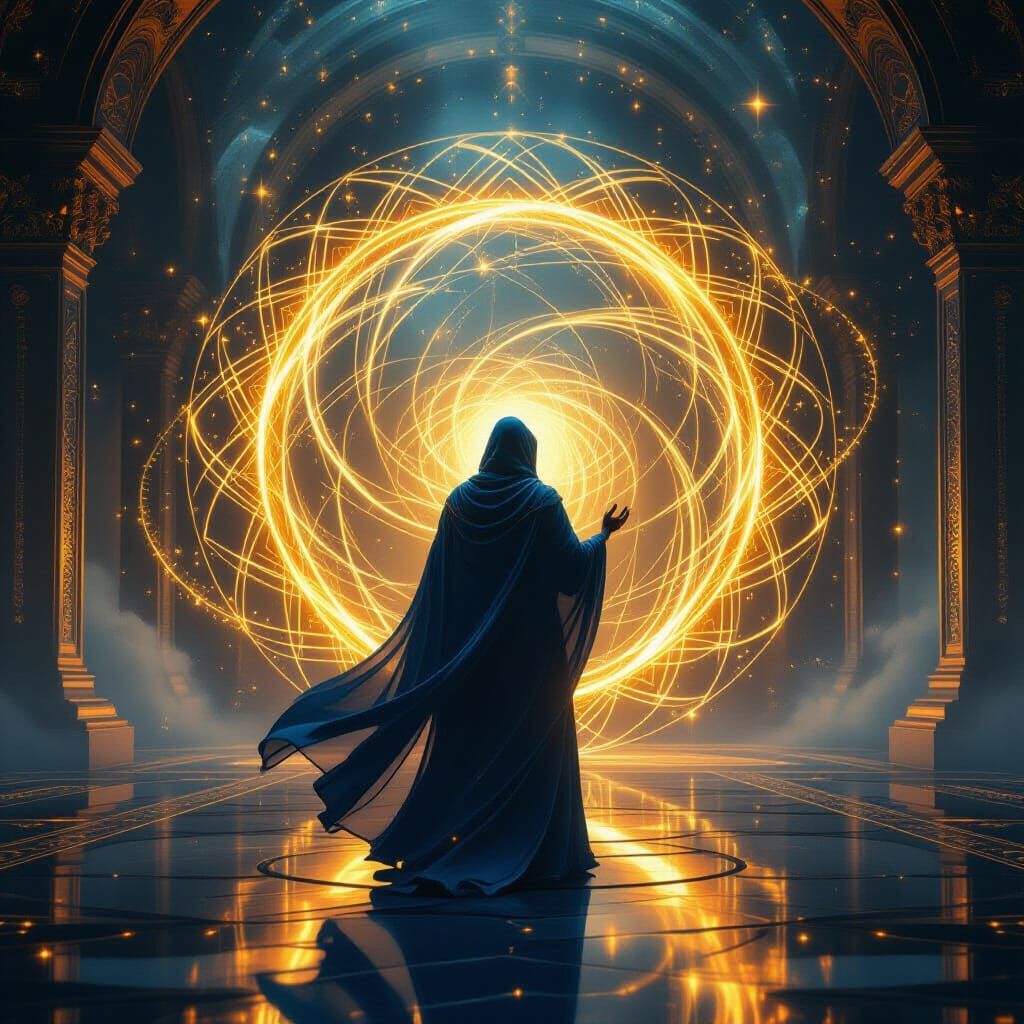 Mystic Traveler Opens Cosmic Portal in Luminous Hall