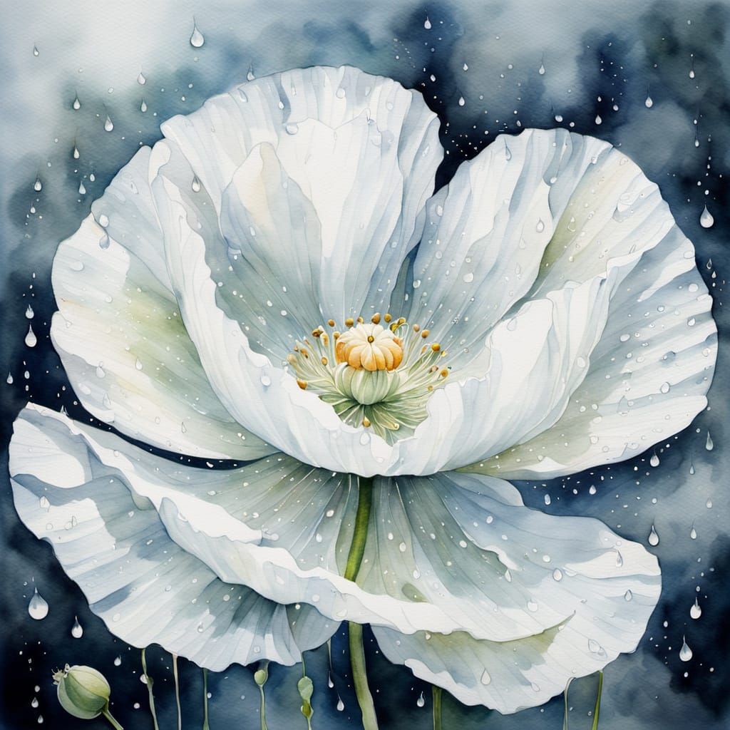 Ethereal White Poppy Watercolor with Dew Drops