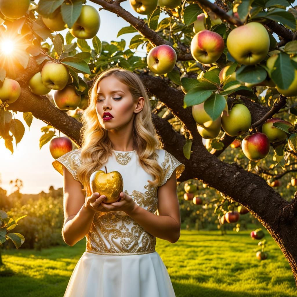 Eve Bites Golden Apple in Eden at Golden Hour