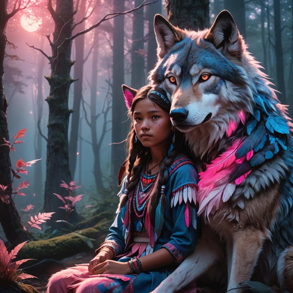 Native American Girl and Glowing Wolf in Mystical Forest