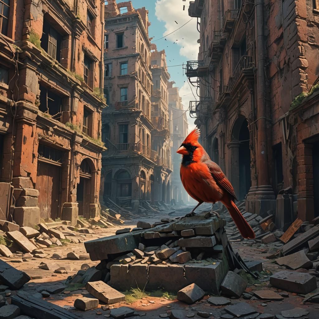 Cardinal in Ruined City, Fantasy Matte Painting
