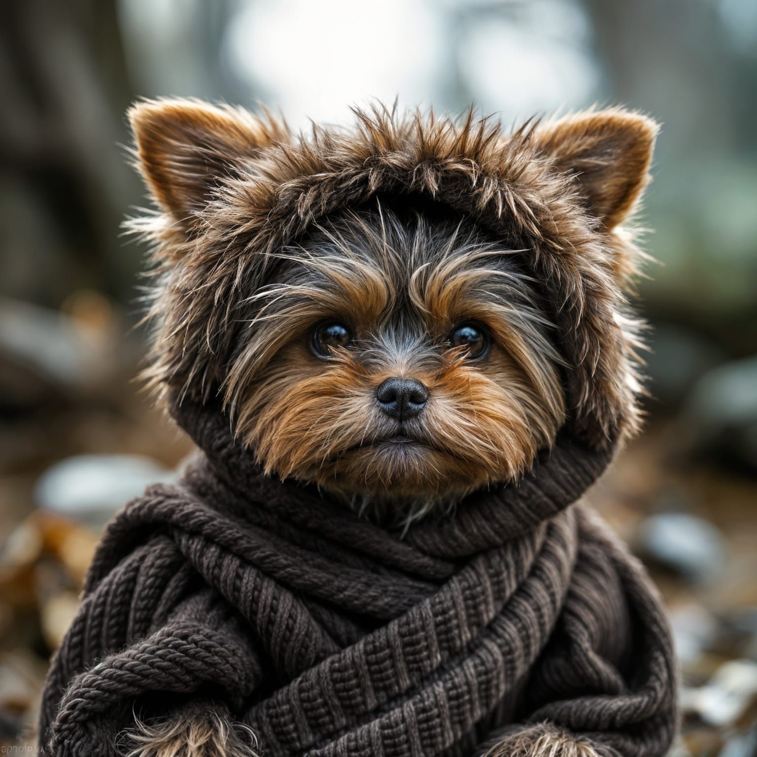 Teacup Yorkie Dressed as Ewok: Hyperrealistic Photography