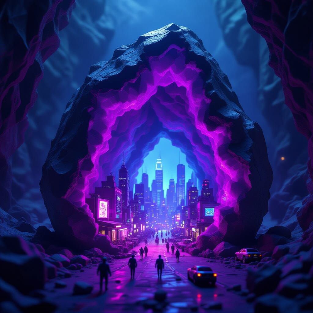 Crystal Geode Opens to Reveal Neon Cityscape