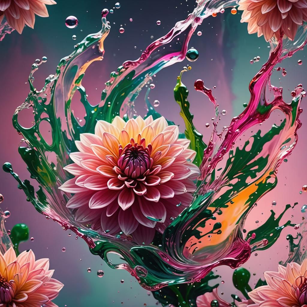 Colorful Dahlia Water Splash in Glass Aquarium